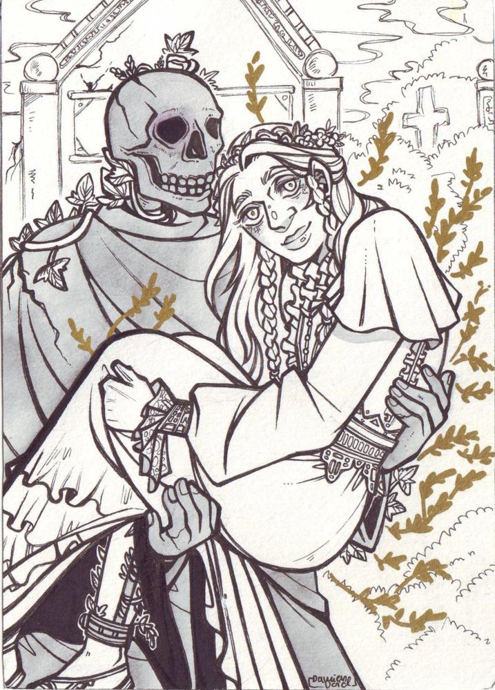 Traditionally drawn art card artwork - drawn with black liners, shaded with a hint of grey, showing tints of colour and sometimes golden accents.

Lynnafreya on what seems to be a graveyard. The character is held by a stone statue of death - a skull with human looking hands wrapped in a conceiling cloak. Flowers are growing through the cracks of the statue, mirroring the flowers in Lynnafreya's hair and along the support on the leg. Despite the symbol of death, the character is smiling.

Golden leaves are growing along the chracter, a contrast of life and hope and light.
