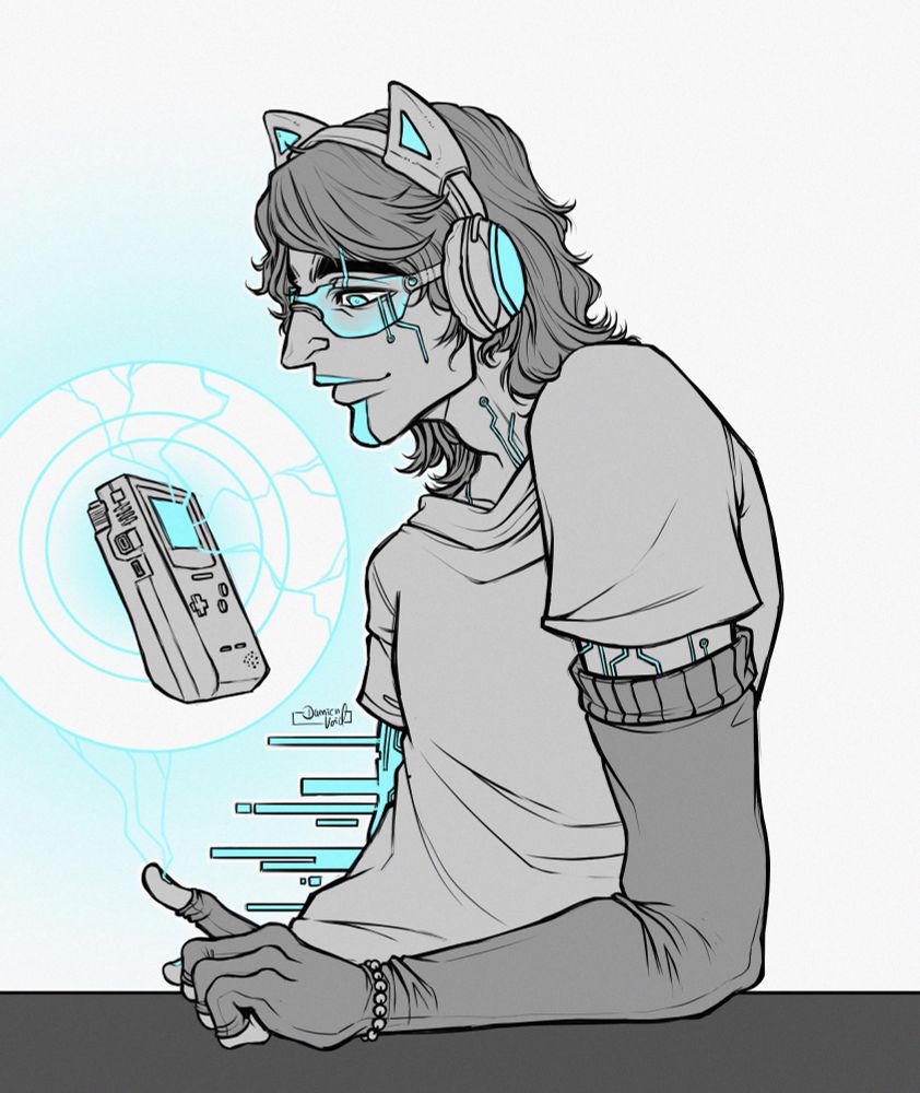 Digital artwork of my ttrpg oc Whisk - in his Masks version. Greyscale with tints of neon blue.

Whisk is smiling down at an old game boy colour, a finger moving up towards it, sending neon blue lightning like streaks towards it with the screen lighting up the same colour. The character is wearing headphones with cat ears and digital gamer glasses.