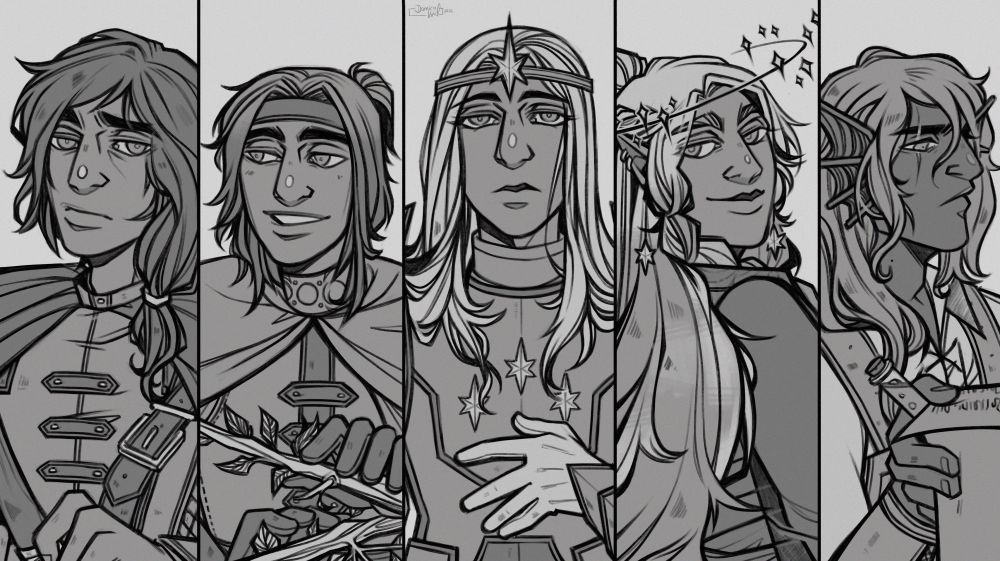 Digital artwork of a line-up consisting of five characters, drawn in a rough greyscale, next to each other.

Left to right: Neal, Aedrik, Valynnian, Anma, Jasper