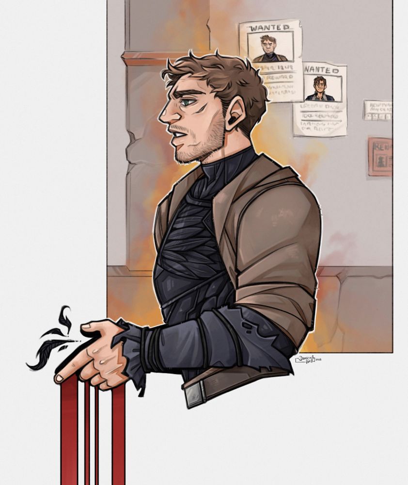 Digital artwork of Fa's character Darius.

The character is visible as half body from the side, both hands in front of him in a gesture, the fading remnants of dark raven feathers are hovering over his fingers while lines of blood red flow down from between his palms to disappear at the end of the frame. Darius' lips are parted as if he would speak or mumble. The background is showing the walls of a city, in orange and brown, warm tones, with different postes on the wall, including wanted posters with tiny portraits of both Darius and Crevan. There is an orange red hue around Darius - looking like a fading flame that surrounds him.