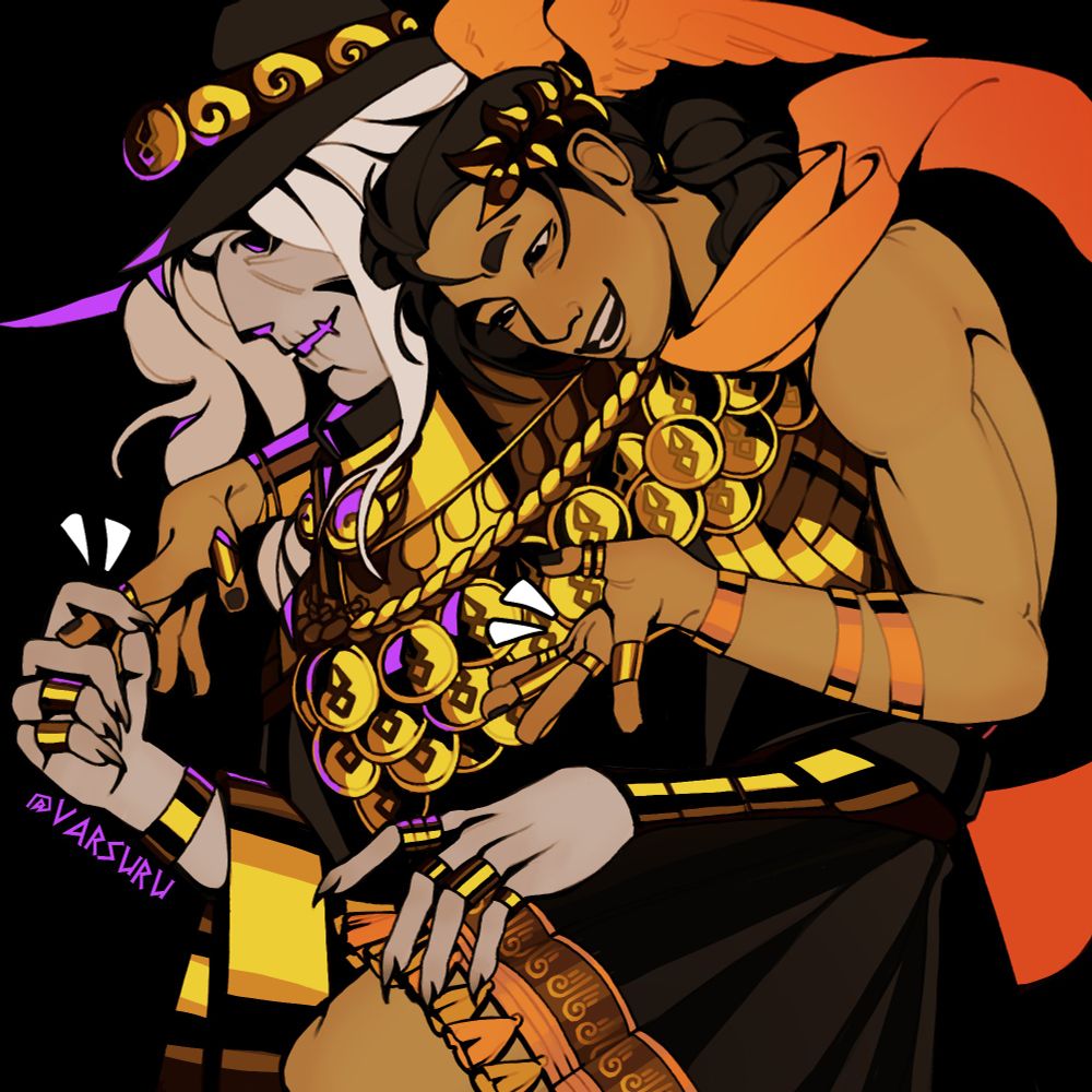 a black and gold picture depicting hermes and charon on a black background heading on business, while hermes leans on charon's back, chatting and showing off the rings charon gave him because they're obviously married and sharing things
