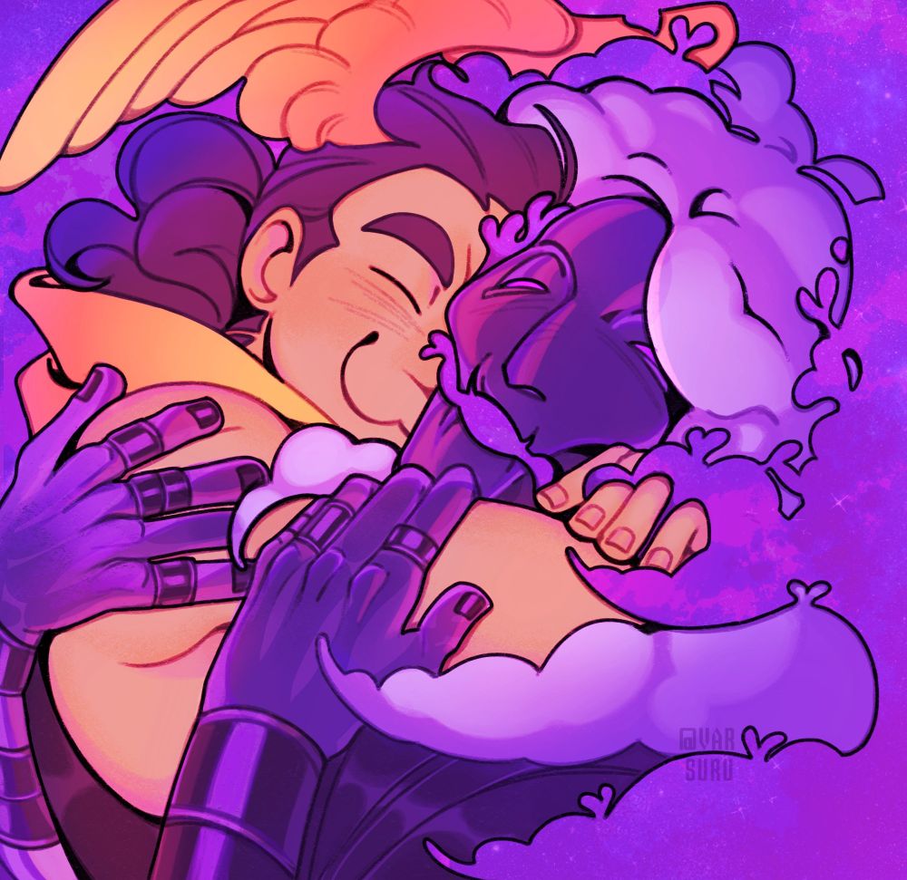 a bright yellow-purple picture depicting hermes and charon from the game hades cutely smiling and cuddling in cosmic smoke with a bunch of hearts