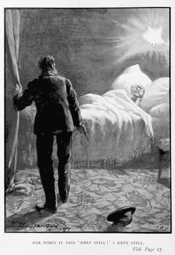 [illustration of the beetle appearing as an old man to Holt]
"For when it said 'Keep still!' I kept still.
Vide Page 17."

Illustration by John Williamson for *The Beetle: A Mystery* (Skeffington & Son, London, 1897) by Richard Marsh, a pseudonym for Richard Bernard Heldmann (1857-1915)
Source: @wikicommons.bsky.social‬
https://commons.wikimedia.org/wiki/File:Illustration_by_John_Williamson_for_The_Beetle-_A_Mystery_by_Richard_Marsh-Page_017.jpg