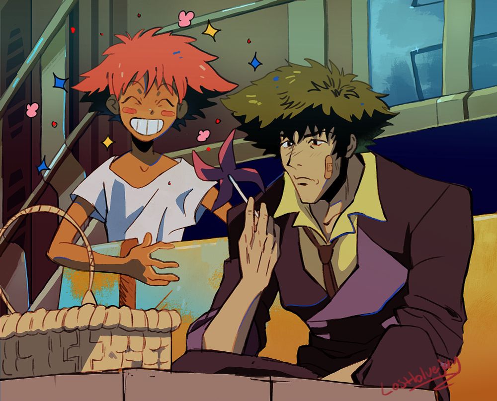Illustration of Ed and Spike Spiegel from Cowboy Bebop. Ed has a huge grin on her face. She is giving Spike a pink pinwheel as a gift as he holds & looks at it in bewilderment. There is a basket on a table in front of Spike.