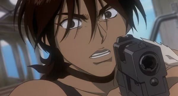 Elektra Ovirowa from cowboy bebop holding a gun in hand 