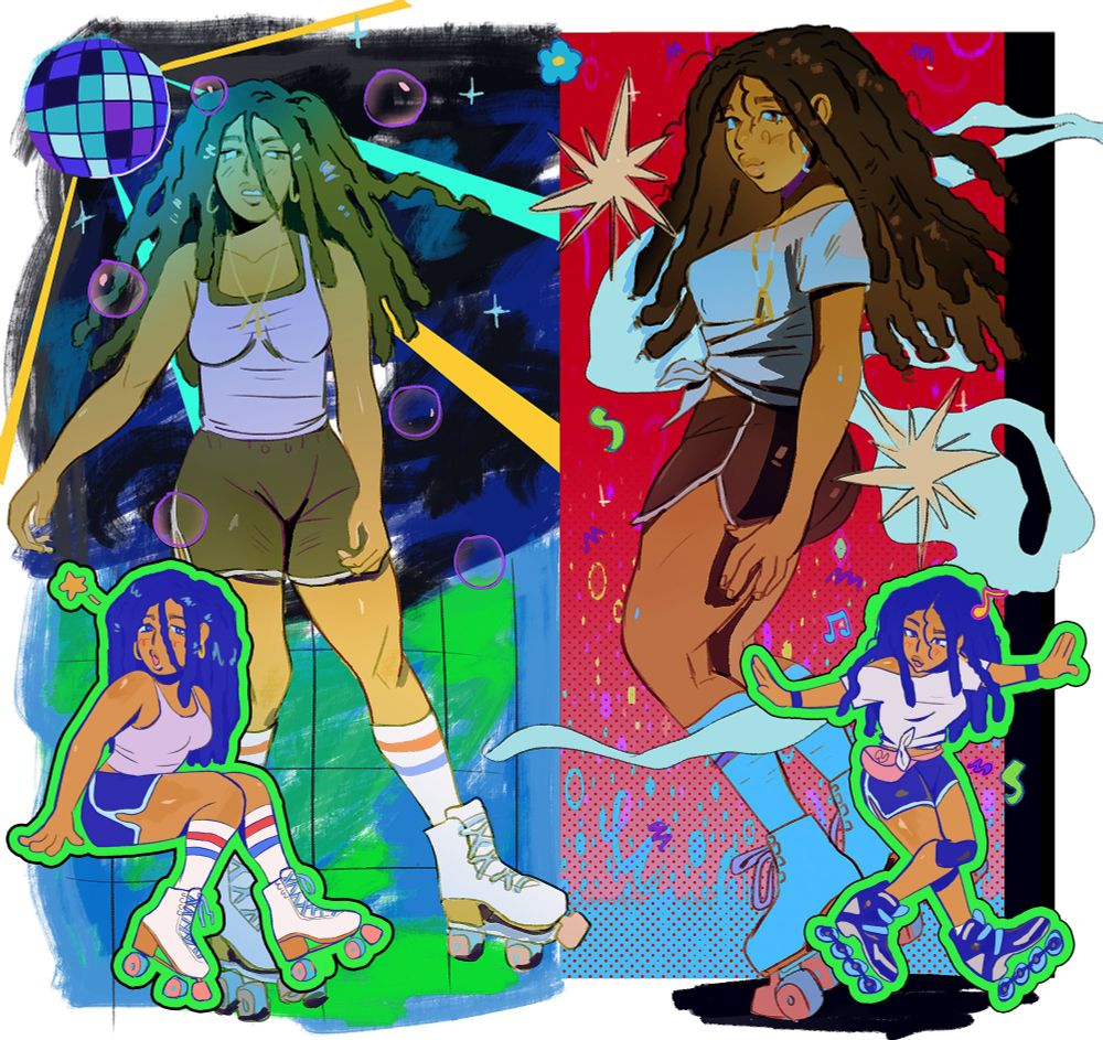Character page of my original character, Niah Foxx. On the left, she is roller skating while giving somebody a side eye. She is wearing a lavender tank top and black and white gym shorts. Behind her is a disco ball. On the bottom left is a chibi version of her sitting down with rollerskates on. On the right she is looking towards the viewer sideways. She is wearing a white shirt and black and white gym shorts. On the bottom, right, Niah chibi is doing tricks while rollerblading. She is wearing a white T-shirt and a pink fanny pack.