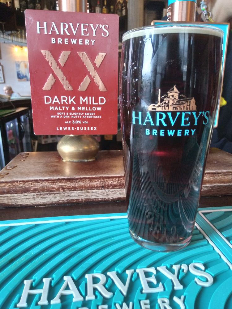 Harveys Dark Mild in branded pint glass and pump clip