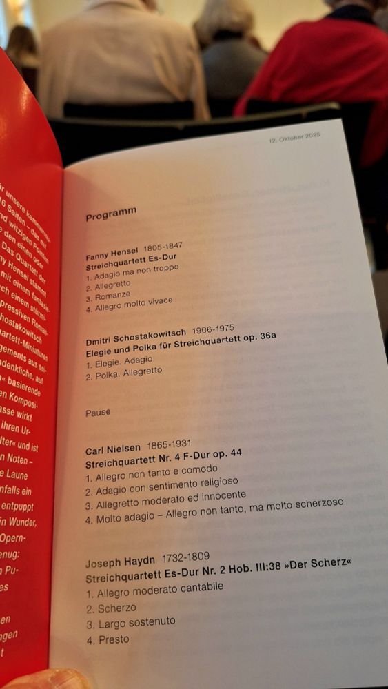 Blick ins Programmheft eines Kammerkonzerts in der Reihe der Bamberger Symphoniker heute, auf dem Programm Streichquartette von Fanny Hensel, D. Schostakowitsch, Nielsen und Haydn 