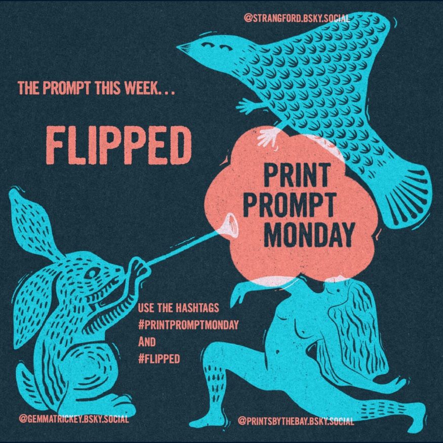 A graphic for Print Prompt Monday - it’s shows three linocut motifs (a bird, a lady in a yoga pose and a rabbit playing a long trumpet). The words “print prompt Monday” are in a cloud as if it’s being produced by the rabbits trumpet. This week the colours have been flipped to represent the theme - so the background is deep blue, the motifs are in light blue and the text is in light red. 