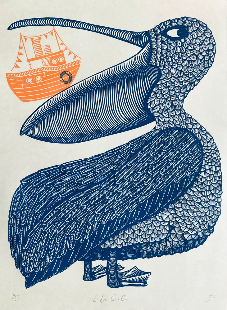 A linocut pelican holding a boat in its open beak 
