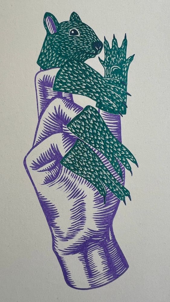 A hand with the head and four extremities of a squirrel as finger puppets. The hand is arranged so that the squirrel is waving! It is in purple and dark green in a Linocut style 