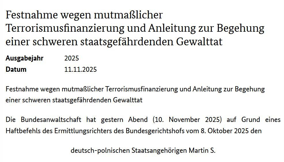 Screenshot der Pressemitteilung der Bundesanwaltschaft