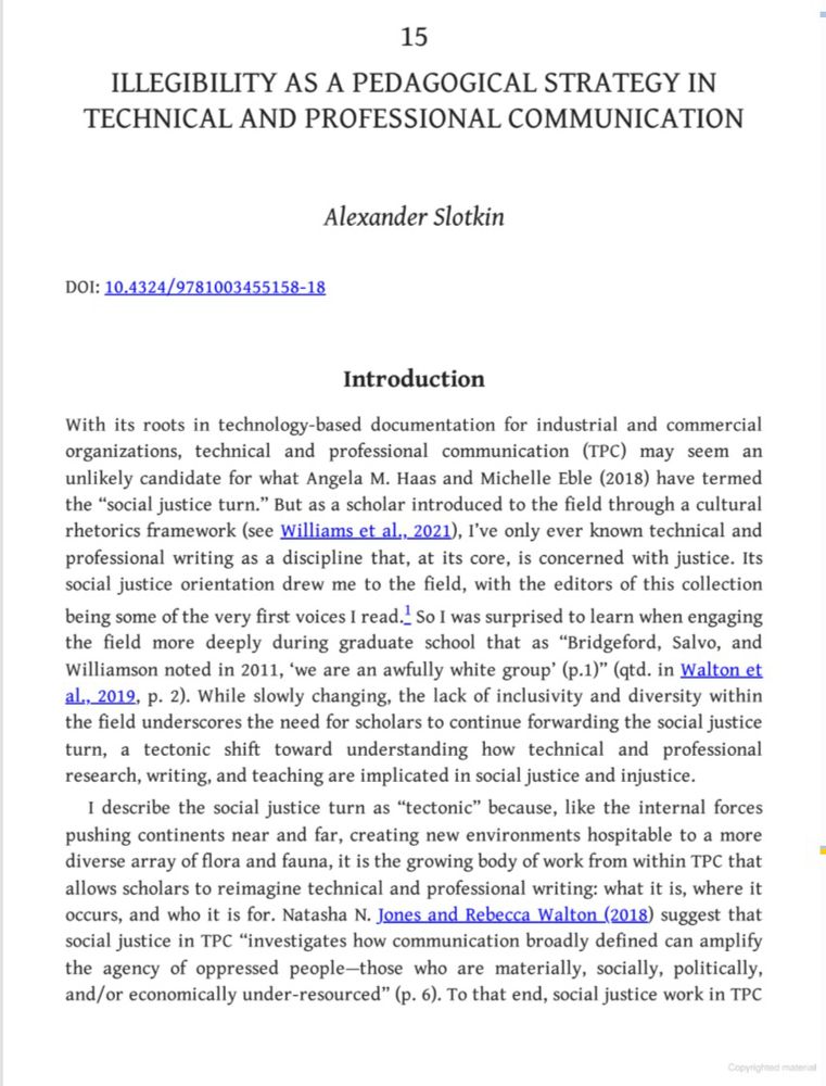 A photo of my chapter: “Illegibility as a Pedagogical Strategy in Technical and Professional Communication”