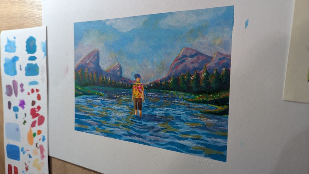 A painting of a figure in a lake