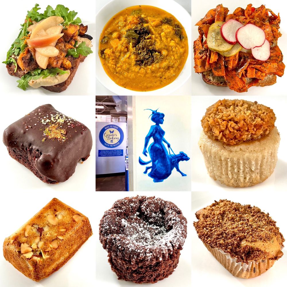 In the top row, the first image is the Smoky Apple Smörgås, which consisted of savory apple butter, creamy smoked cashew mozzarella, sweet roasted squash, tangy pickled apples, and arugula stacked on limpa bread, a soft Swedish rye and wheat bread with fennel and citrus notes. The second image is the Boo-tternut Bisque, which consisted of a silky squash and coconut base, warming spices, braised kale, and toasted chickpeas. The third image is the Carrot Lox Smörgas, which consisted of a creamy house cashew cheese spread, thinly sliced tender, flavorful, cured, and roasted carrot "lox", radish, and Swedish-style sweet and tangy pickles on limpa bread. In the middle row, the first image is a Swedish Fire Brownie, which had hints of cinnamon and cardamom, chili flakes for a pleasant amount of fire, and chocolate ganache. The second image is a photo that shows the Carina’s Bakery logo on the left, which says Bake to Thrive and Taste the Passion. Underneath, it says “At Carina’s Bakery, we make 100% vegan and various gluten-free products through Scandinavian traditions, Oregon ingredients, and the unique talents of employees who put the ABILITY in disability.” On the right is a drawing in blue of a woman with a guide dog for the blind. The third image is a Drømmekage Coconut Cake, also known as Danish dream cake, which was a rich coconut sponge cake with luscious caramel coconut topping. In the bottom row, the first image is a Scandinavian Almond Cake that had a caramelized outside and a delightfully dense, soft, and rich interior that tastes like marzipan. The second image is a Kladdkaka, a “sticky” Swedish chocolate pudding cake that was moist and fudgy with crisp edges and topped with powdered sugar. The third image is a Chocolate Chip Coffee Cake that was light and fluffy with crisp edges, studded with chocolate chips, with a crumble topping.