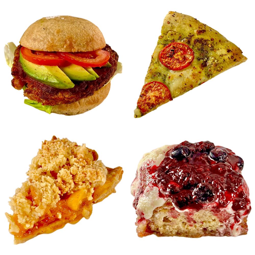 This figure has four parts. The top left is the BBQ Burger, which consists of a hearty, flavorful, and nourishing chickpea burger, BBQ sauce, lettuce, tomato, and creamy aioli on a freshly baked bun. The top right is a slice of Pesto Genovese Pizza Slice, which consisted of flavorful basil pesto, luscious, creamy plant-based house mozzarella, fresh tomato, and plant-based parmesan on an innovative freshly hand-made, soft, and chewy pizza crust. The bottom left is a slice of Peach Vanilla Bean Pie with Coconut Crumble, which consisted of juicy, sweet, and perfectly ripe peach filling with a buttery, crispy, sweet crumble topping and rich flaky crust. The bottom right is a Berry Lemon Curd Cinnamon Roll with Cream Cheese Icing. This deluxe cinnamon roll had a delightfully gooey cinnamon filling and was topped with a juicy mixed berry compote, tangy lemon curd, and silky cream cheese frosting.