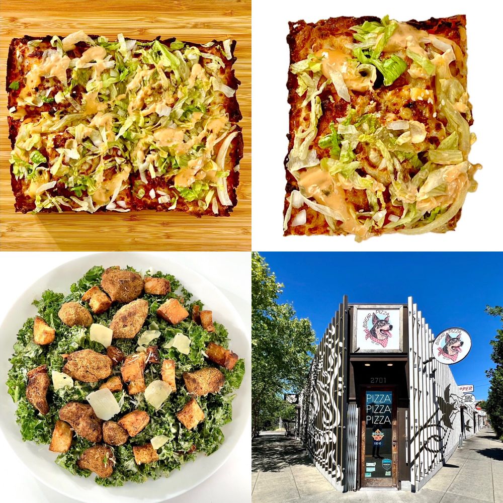 This figure has 4 parts. The top two are the Smash or Pass Pizza, which consisted of luscious melty Good Planet Foods cow milk-free mozzarella/cheddar blend, smoky seasoned cow-free smashed Beyond Meat burger patty, shredded lettuce, diced white onions, sesame seeds, and burger sauce on a thick sourdough crust with crispy edges and a light and airy crumb inside. On the left is the whole pizza and on the right is one of the slices. The bottom left is the Kale Caesar Salad, which consists of kale, creamy, tangy, and garlicky plant-based Caesar dressing, grated cow milk-free parmesan, ground pepper, sea salt, and crunchy croutons plus lively, seasoned, crispy, meaty Buddy’s Steaks fried plant-based chicken. The bottom right shows the outside of Boxcar Pizza. 
