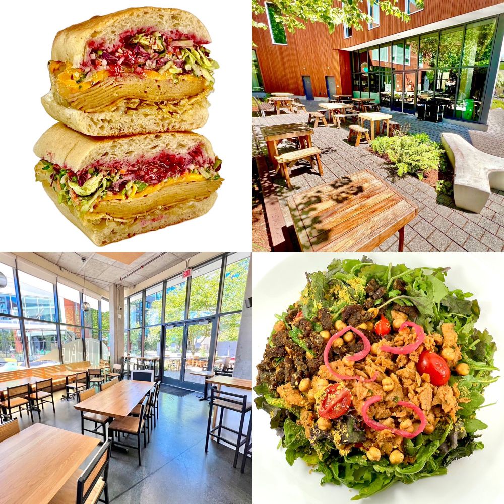 This figure has 4 parts. The top left is the Vegan Turkey & Cranberry Sandwich, a special that consisted of meaty vegan turkey, melty vegan cheddar, herb slaw, and stuffing-seasoned potato chips with cranberry jam and gravy mayo on a on a satisfyingly chewy ciabatta hoagie. The top right shows outside seating on the patio behind Better Half. The bottom left is a view of the inside of Better Half. The bottom right is the Vegan Kale Caesar, which consists of baby kale, arugula, smoky tempeh bacon, pickled red onions, sweety drop peppers, cherry tomatoes, chickpea croutons, vegan parmesan, and creamy Caesar tahini dressing, plus a scoop of seasoned chicken-free salad.