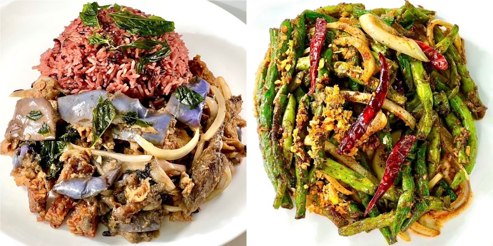On the left is the Spicy Holy Basil Eggplant, which consisted of tofu, soy curls, tempeh, tender, melt-in-your-mouth Chinese eggplant, onion, and basil garlic sauce. Served with jasmine rice. On the right is the Sichuan Long Beans, which consisted of crisp but tender long beans with onions and intensely flavorful smoky and spicy house garlic mala paste.