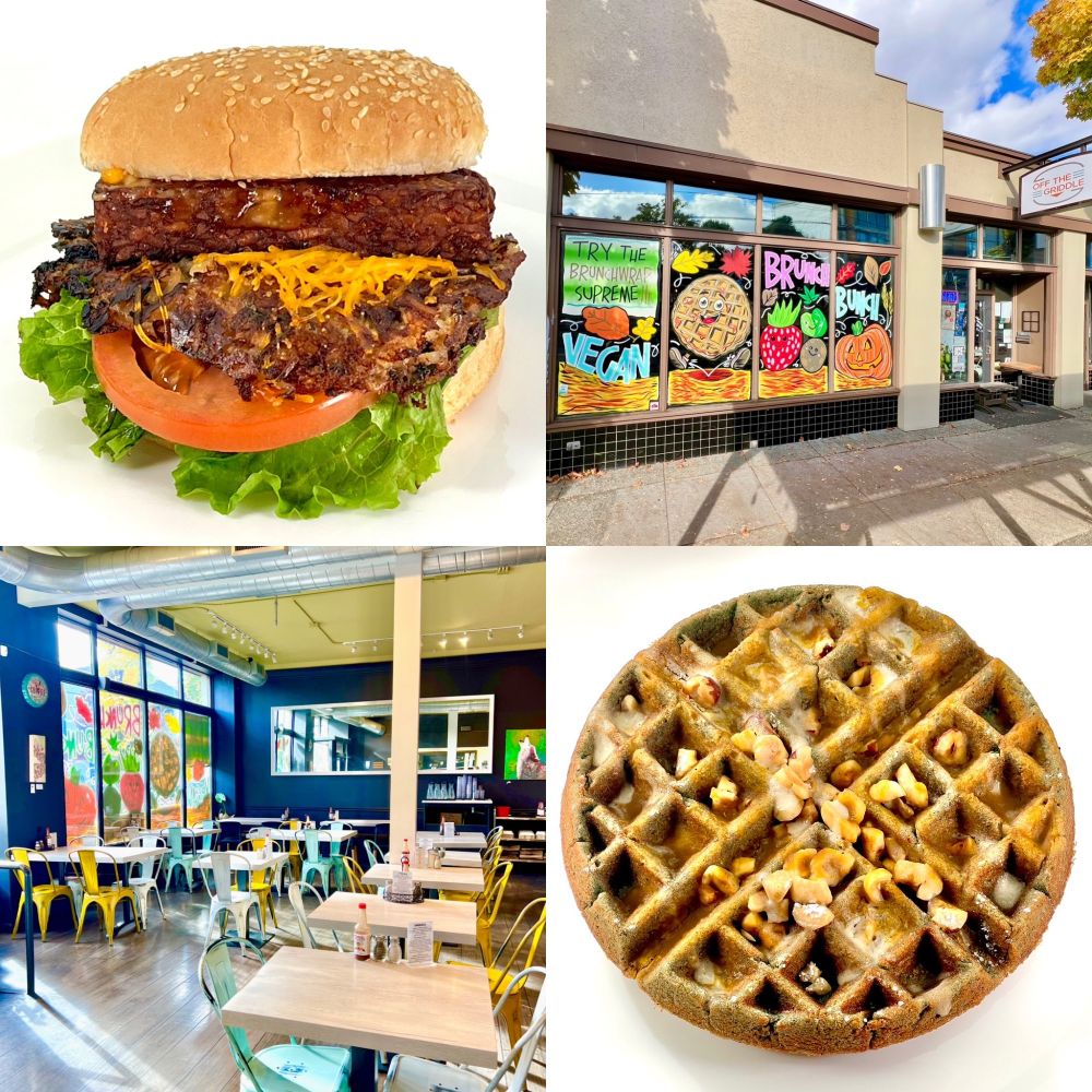 This figure has 4 parts. The top left is the Bacon Cheeseburger, which consisted of an innovative, tasty, and nourishing patty made in-house with wild rice, brown rice, mushrooms, and leeks, smoky house-made tempeh bacon, vegan cheese, lettuce, tomato, pickles, and umami sauce on a sesame seed bun. Served with fries or slaw. The top right is the outside of the NE Alberta location of Off the Griddle. The bottom left is the inside of the NE Alberta location of Off the Griddle. The bottom right is Pumpkin Waffle, which consisted of pumpkin spice purée, vegan sweet cream, chopped hazelnuts, and powdered sugar on a blue corn waffle that was soft and chewy inside with deep pockets and lightly crisp edges. 