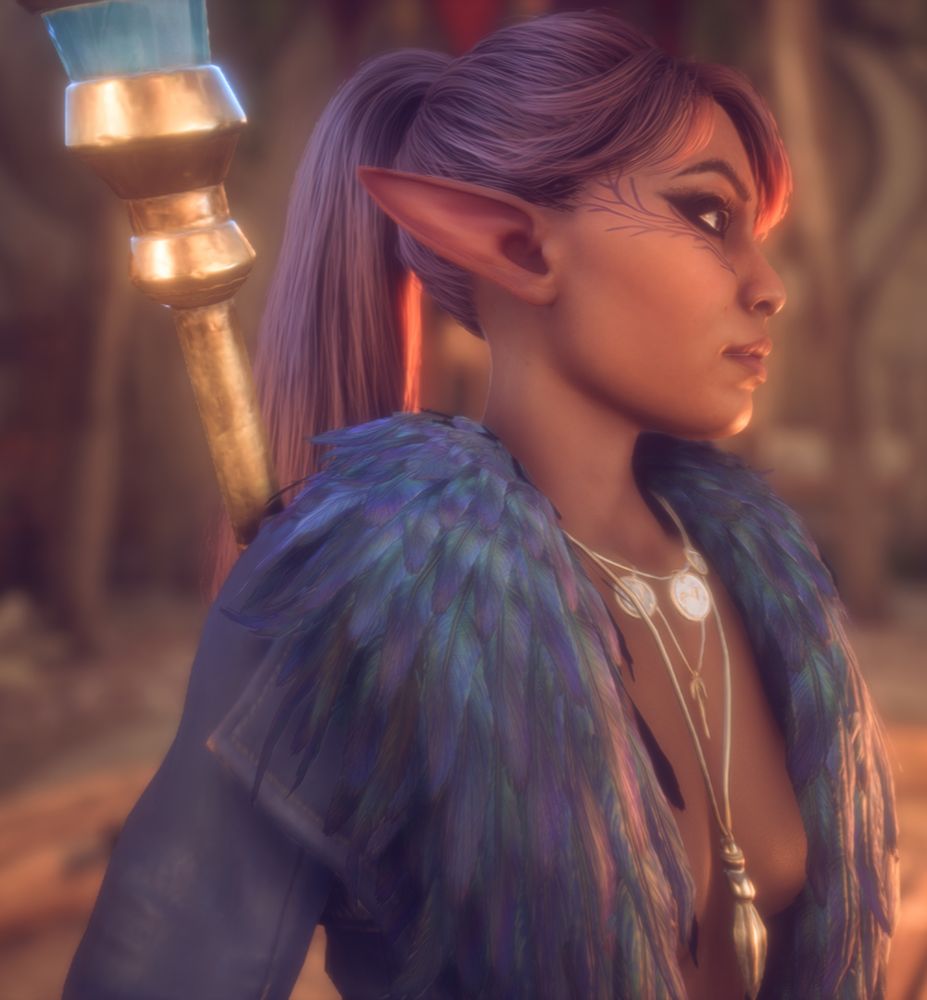 A side profile photo of a player character "Rook" in Dragon Age: The Veilguard.