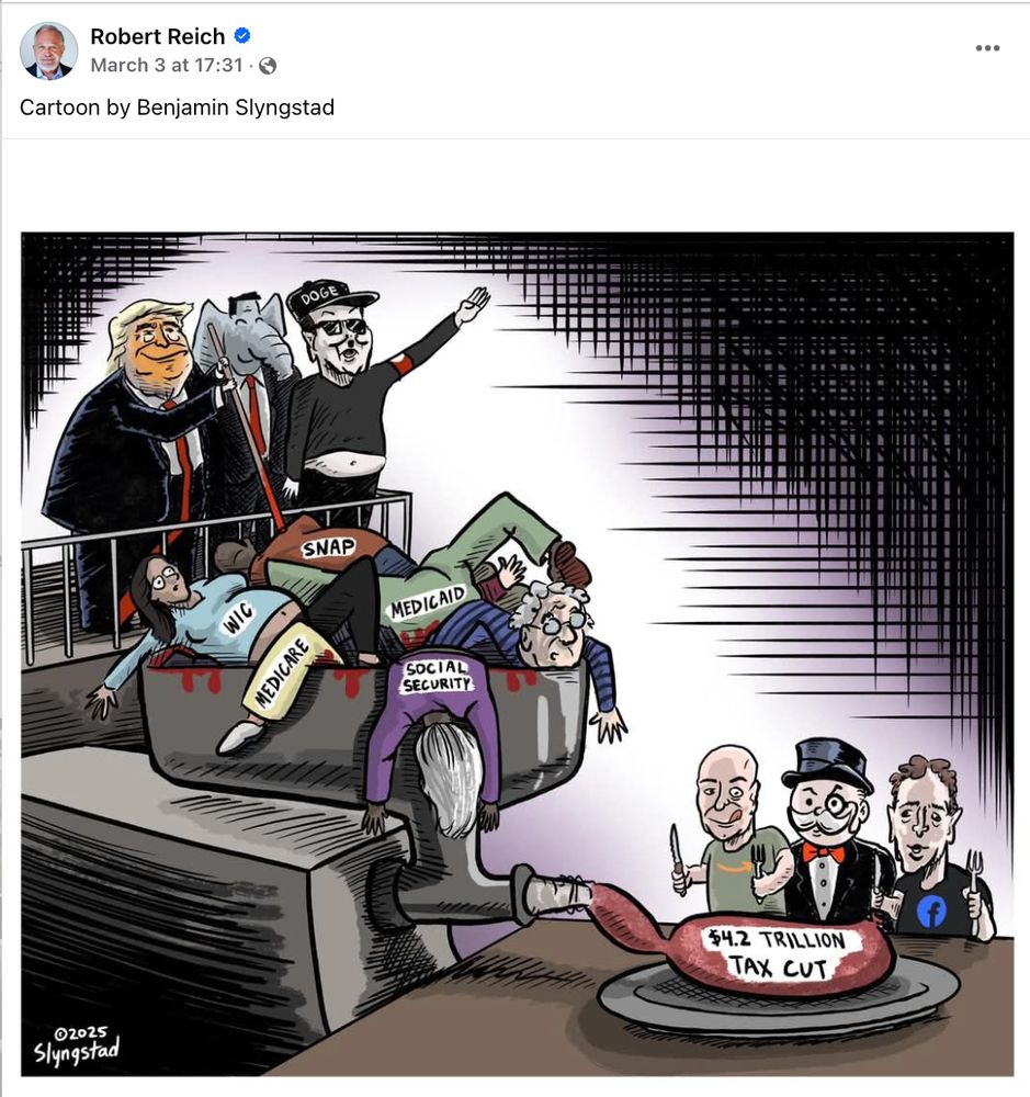 Cartoon depicting sacrifice of WIC, SNAP, Medicaid, Medicare, and Social Security to fund a $4.2 trillion tax cut