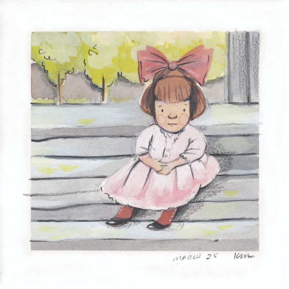 Water soluble graphite - sketch of a pensive girl on the stairs. She has an enormous bow in her hair.