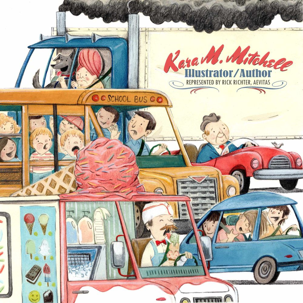 An illustrated traffic scene that includes an ice cream truck, a sports car full of teens, a bus full of ruckus kids, a convertible with a portly businessman, and a semi-truck driven by a grumpy lady in a bee hive hairdo. 