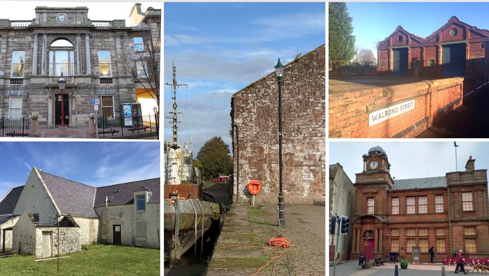 A collage of images displays the five buildings that have been awarded new funding from the Scottish Government, including Arbroath Courthouse, Dundee Museum of Transport, Cowdenbeath Town House, Annan Harbour and Borrowdale School.