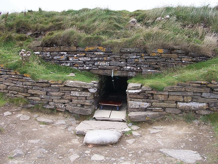 The exterior of The Tomb of the Eagles on Orkney. 