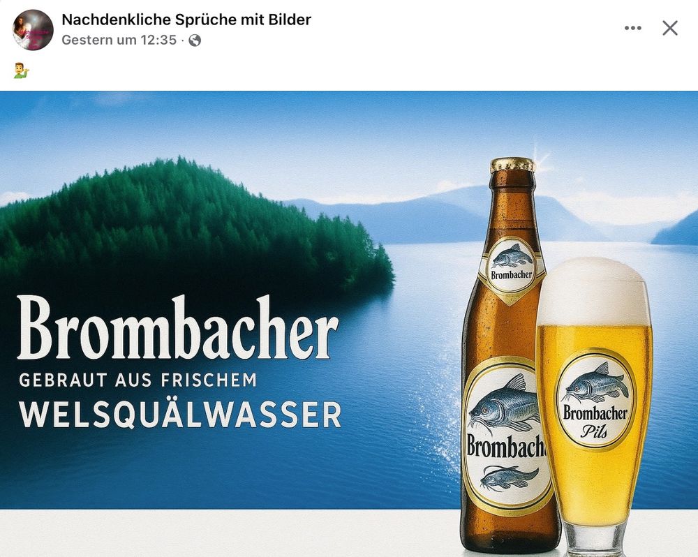 Screenshot eines Facebook Posts des Accounts "Nachdenkliche Sprüche mit Bilder", der Post zeigt eine Werbung der fiktiven Marke "Brombacher": Im Vordergrund des Bildes stehen eine Flasche und ein Glas, gefüllt mit Bier, das Etikett auf beiden zeigt ein Logo mit Wels und der Aufschrift Brombacher Pils.
Im Hintergrund ist ein idyllischer See sowie Wald und Hügel zu sehen und man kann lesen: "Brombacher, Gebraut aus frischem Welsquälwasser".