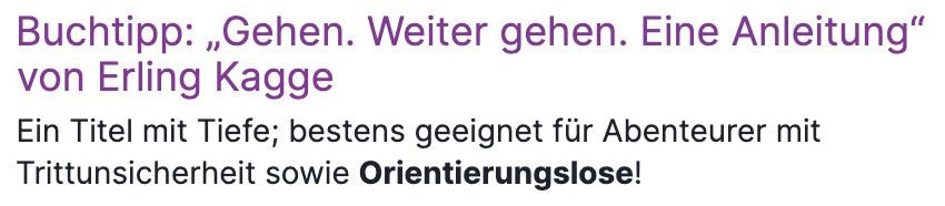Screenshot eines Suchmaschinenergebnisses zeigt diesen Text:
"Buchtipp: „Gehen. Weiter gehen. Eine Anleitung" von Erling Kagge
Ein Titel mit Tiefe; bestens geeignet für Abenteurer mit Trittunsicherheit sowie Orientierungslose!"