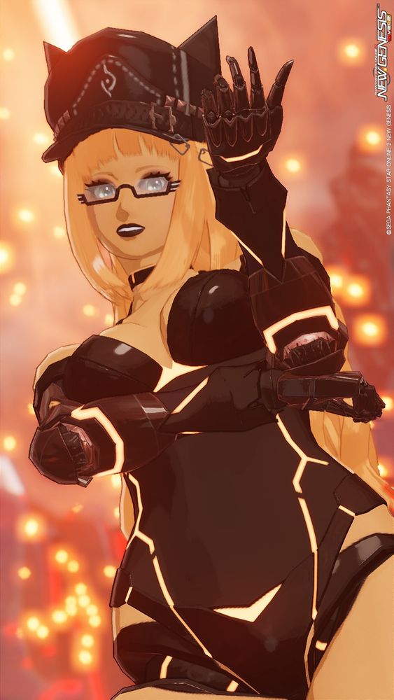 Picture of my PSO2NGS Character as a Devil Cat CAST, Posing while Looking at the Viewer.