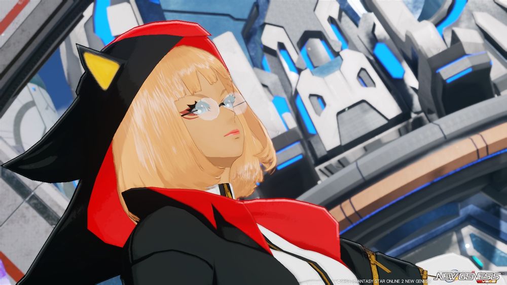 Picture of my PSO2NGS Character Wearing a "Shadow the Hedgehog" Inspired Outfit. Close-up View.