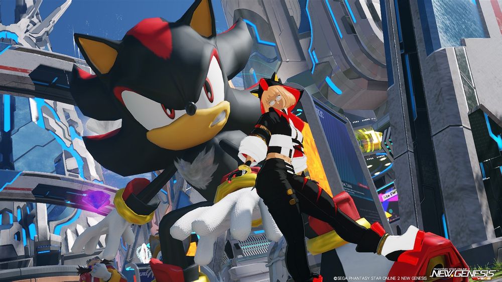 Picture of my PSO2NGS Character Wearing a "Shadow the Hedgehog" Inspired Outfit, Posing Next to a Big Statue of Shadow the Hedgehog.