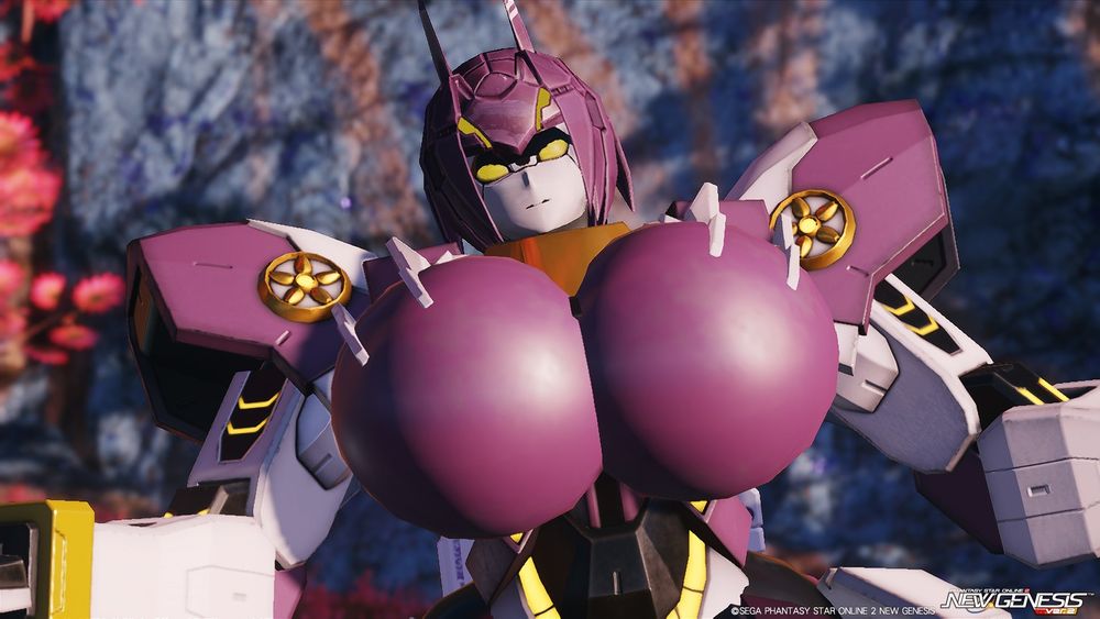 Picture of my PSO2NGS Character as a Big Purple CAST, Posing with her Arms Spread while Looking at the Viewer.