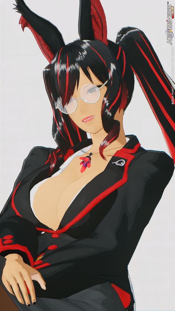 Picture of my PSO2NGS Character as a Red Bunny in a Red and Black Office Suit.