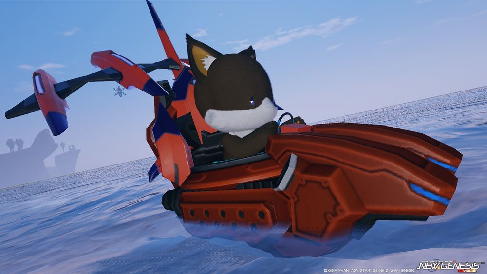 Picture of my PSO2NGS Character as a Cat Driving an Orange Water Vehicle.