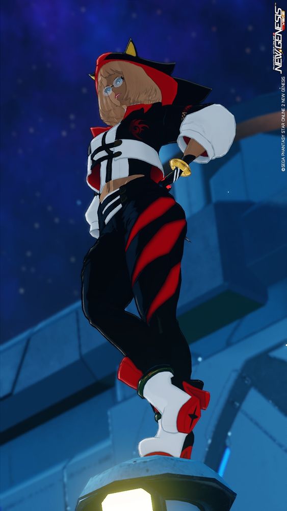 Picture of my PSO2NGS Character Wearing a "Shadow the Hedgehog" Inspired Outfit, Standing on top of a Lamp Post while Smiling.