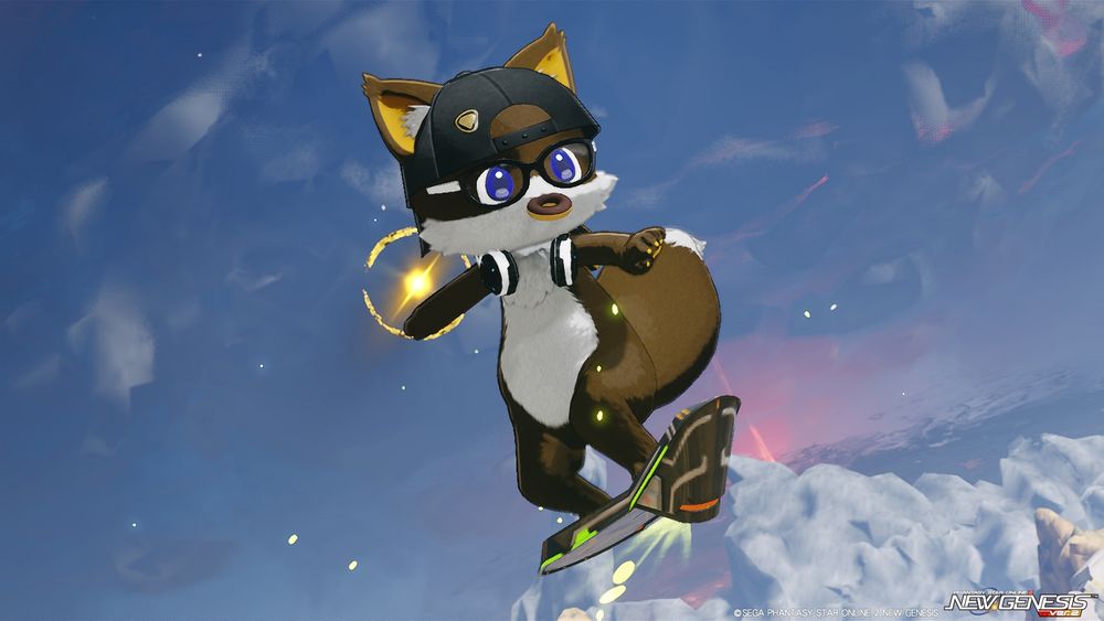 Picture of my PSO2NGS Character as a Cool Cat, Flying on a Skateboard.