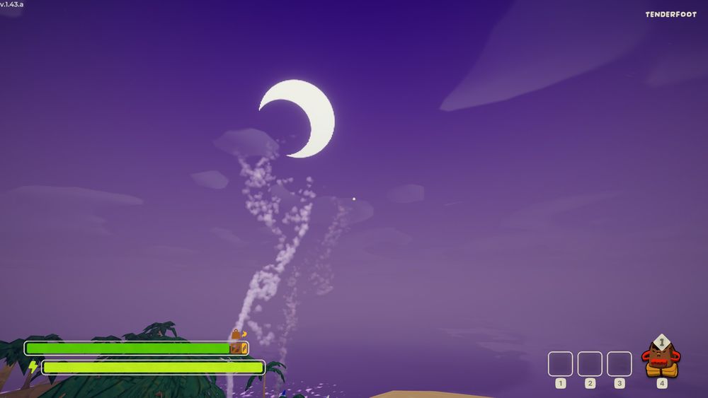 Cooperative climbing game PEAK, showing the purple night sky from a vantage point above the starting Shore biome. Smoke from the campfire rises up to a crescent moon that moves across the sky in real time!