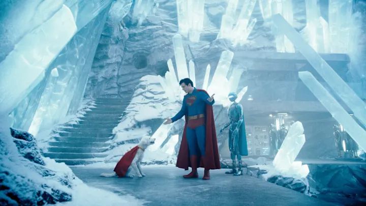 Still image of a scene from Superman (2025). Superman scolding Krypto in the Fortress of Solitude. 