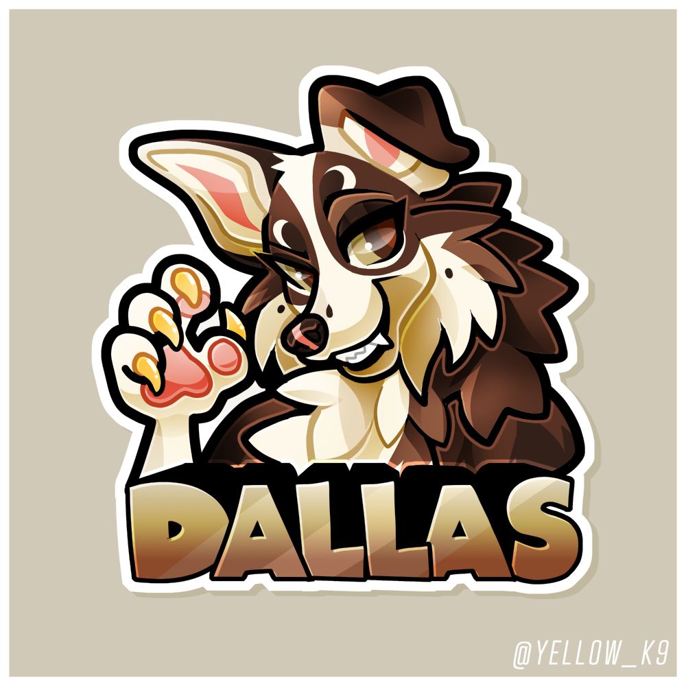 A digital furry badge of a dog character with a sly grin. The dog is shades of dark brown and cream, and is holding up their paw. The dog is very fluffy and has one perky ear and one floppy ear. The name below reads "Dallas."