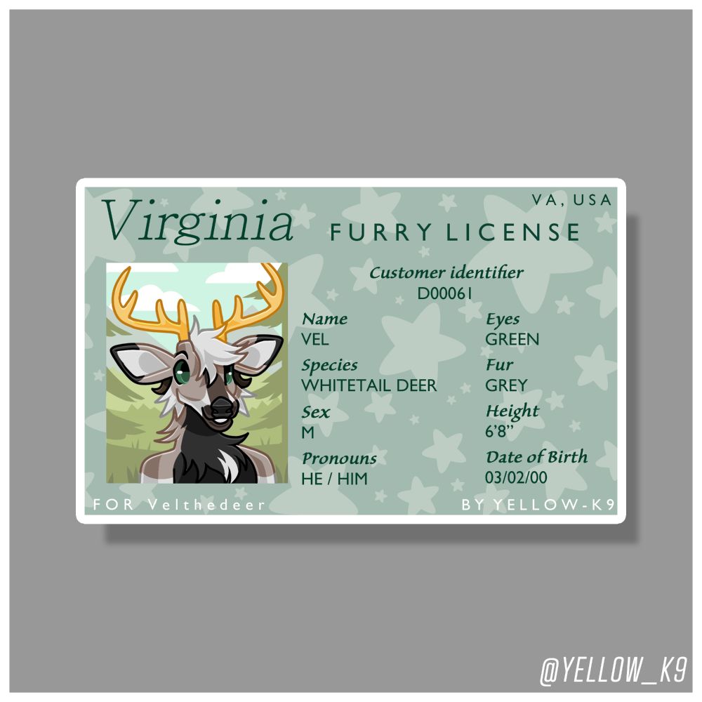 A mock license type furry badge. The character featured is an anthro greyish-brown deer with black underbelly markings, golden antlers, and green eyes. The character is smiling, with a forest background behind them. The license has info on the character such as their name, gender, eye color, height, etc