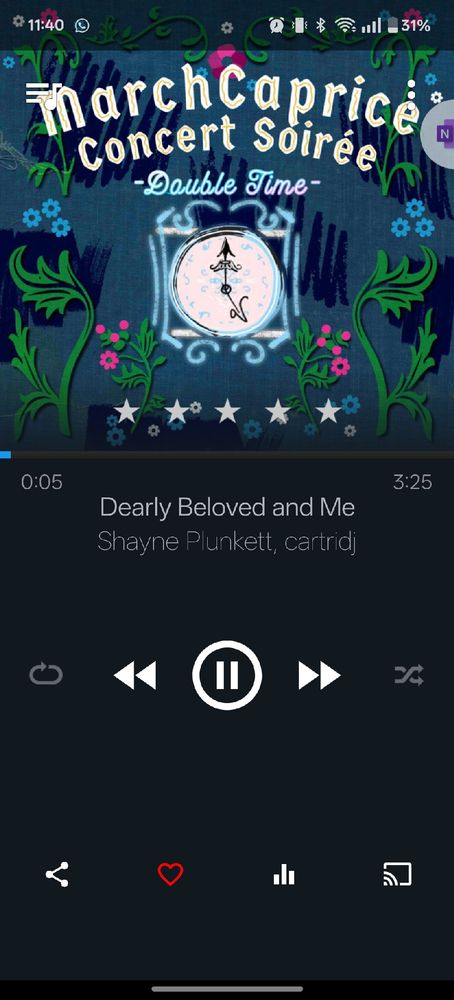A screenshot of the Cloudplayer Android music player app shows the track "Dearly Beloved and Me" by Shayne Plunkett and cartridj from the album March Caprice Concert Soirée: Double Time