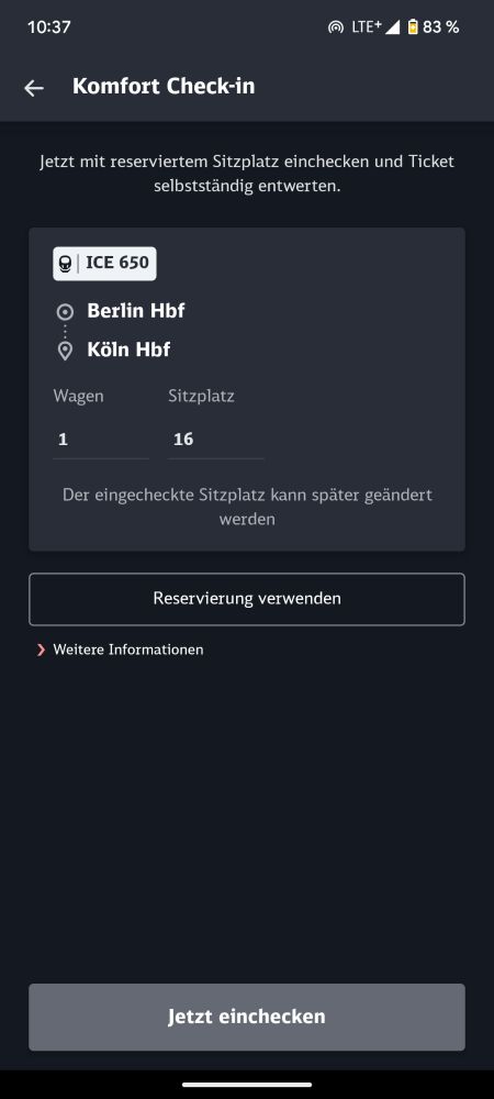 Screenshot von Bahn-App