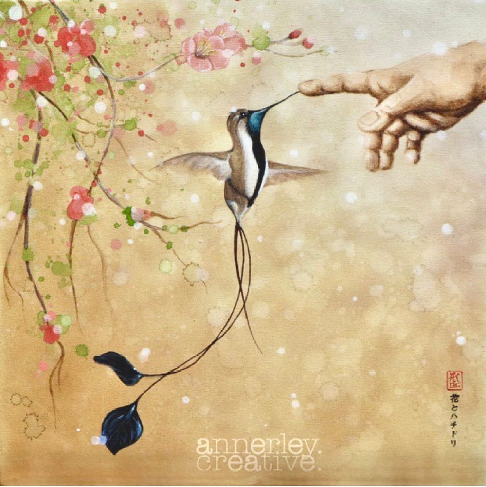 Painting of a spatuletail hummingbird (centred) connecting its beak to the index finger of a hand that’s coming into frame (top right). The hand represents the hand of God, and the bird is replacing Adam, the painting is a reimagining of the fresco ‘the Creation of Adam’ from Michelangelo’s Sistine Chapel ceiling. 
The background of the canvas is a simple wash of beige/tan with a slight gradient getting lighter to the top, and small spots of white (flecks of light). The left side of the canvas has a few out of focus cherry blossom branches coming into frame. There’s a small description in Japanese with a red marker’s seal in the bottom right corner.