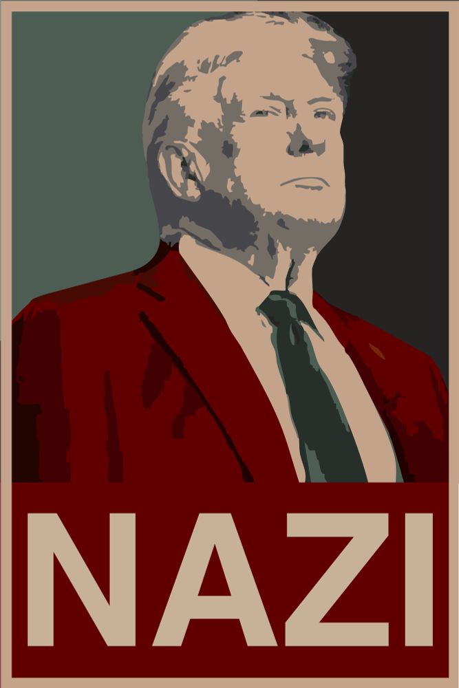 Poster of Trvmp done in the style of the Obama ‘Hope’ poster - colour palette has been changed to colours from WWII nazi colours and the word ‘hope’ changed to ‘nazi’ 