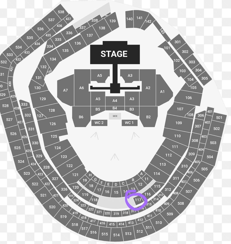 A seat map with section 117 circled