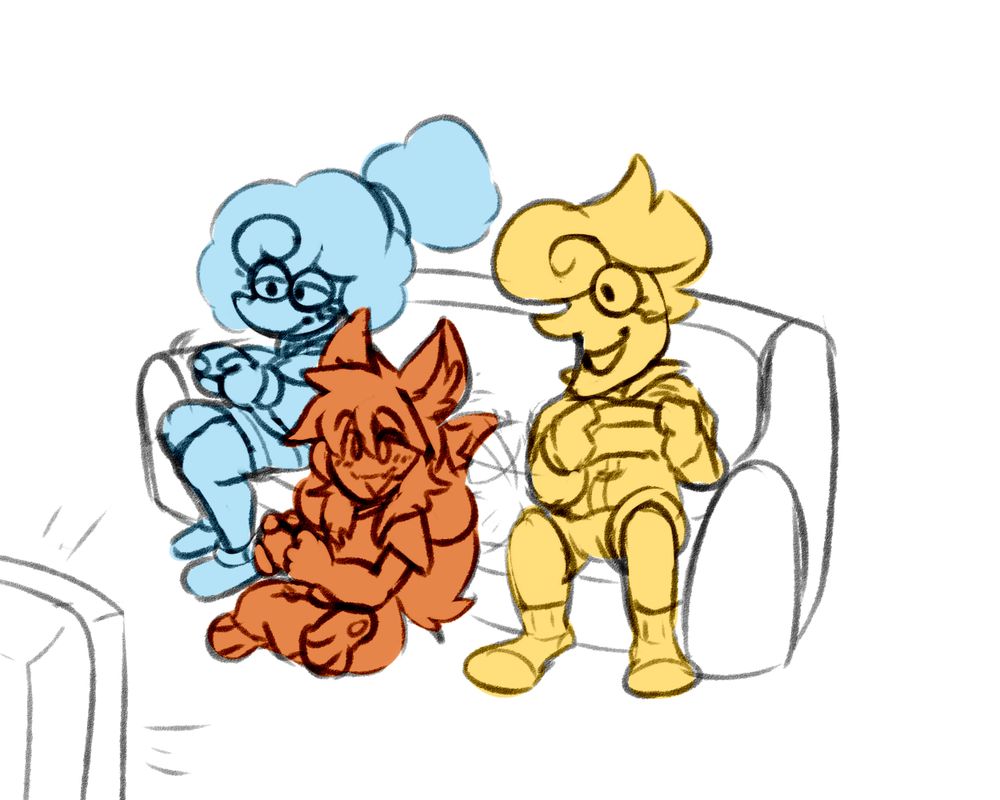 J8-Bit sitting on the floor, leaning against the couch Elnina and Lanino are sitting on. All three are holding a controller and engaging with the game on a flat-screen TV.
